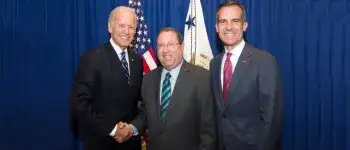 Council Member Koretz shaking hands with Vice President Joe Biden with Mayor Eric Garcetti beside him